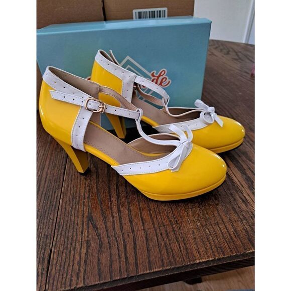 New 10.5 Foremode Yellow White High Heel Mary Jane Platform Pump Dress S… - Picture 6 of 10